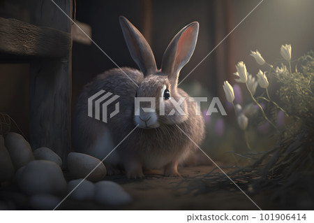 Cute brown hare, lepus europaeus, jumping closer on grass in spring nature. Young brown rabbit coming forward in green wilderness. Neural network AI generated art Cute brown hare, lepus europaeus, jumping closer on grass in spring nature. Young brown rabbit coming forward in green wilderness. Neural network AI generated art 101906414