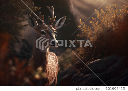 Red deer stag between ferns in autumn forest. Neural network AI generated art Red deer stag between ferns in autumn forest. Neural network AI generated art 101906415