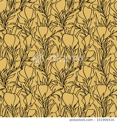 simple two-color seamless pattern of black large contours of flowers on a gold background, texture, design simple two-color seamless pattern of black large contours of flowers on a gold background, texture, design 101906416