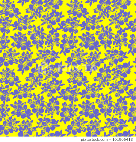 seamless pattern of blue silhouettes of flowers on a yellow background, texture, design 101906418