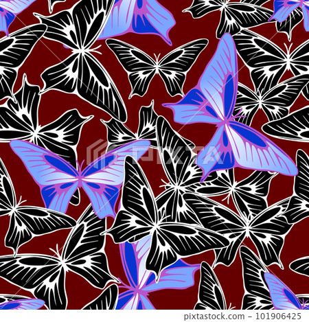 seamless pattern of blue-black butterflies on a burgundy background, texture, design seamless pattern of blue-black butterflies on a burgundy background, texture, design 101906425