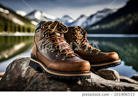 Hiking boots and beautiful natural landscape view. Neural network AI generated art 101906513
