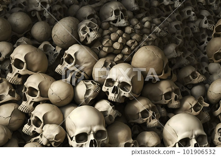 Wall of human bones and skulls in a catacomb. Neural network AI generated art 101906532