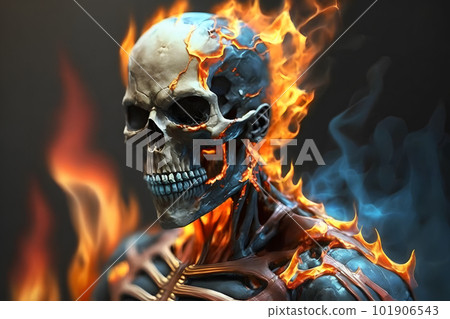 Scary skeleton on fire. Neural network AI generated art 101906543