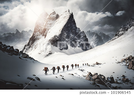 Group of tourists in winter in the mountains. Teamwork concept. Neural network AI generated art 101906545