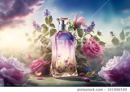 Beautiful perfume bottle with flowers against the sky. Neural network AI generated art 101906589
