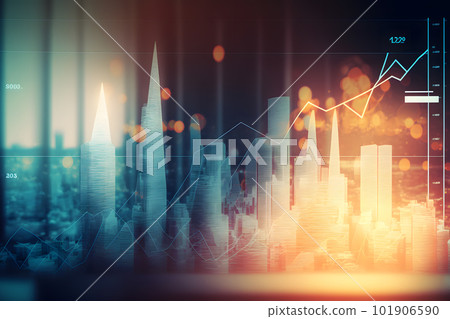 Abstract glowing big data forex candlestick chart on blurry city backdrop. Trade, technology, investment and analysis concept. Neural network AI generated art Abstract glowing big data forex candlestick chart on blurry city backdrop. Trade, technology, investment and analysis concept. Neural network AI generated art 101906590