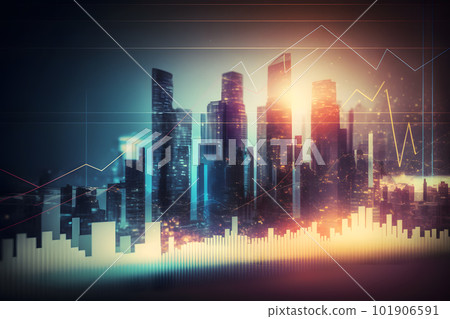 Abstract glowing big data forex candlestick chart on blurry city backdrop. Trade, technology, investment and analysis concept. Neural network AI generated art Abstract glowing big data forex candlestick chart on blurry city backdrop. Trade, technology, investment and analysis concept. Neural network AI generated art 101906591
