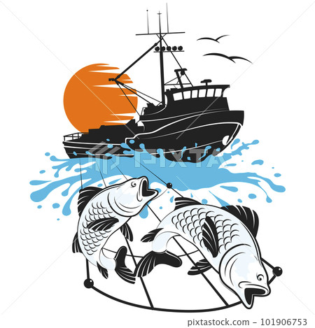 Fishing boat with a net full of fish Fishing boat with a net full of fish 101906753