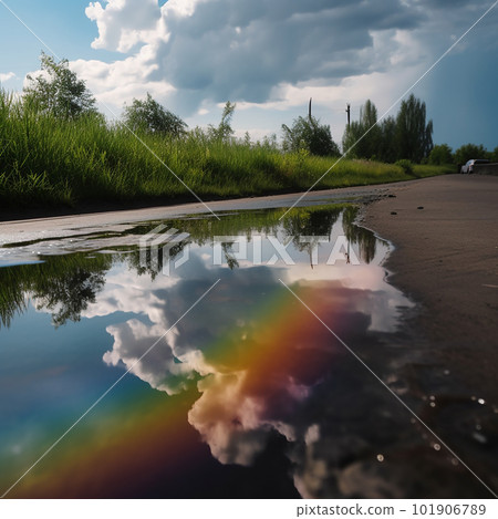 Reflection of a rainbow and clouds in a puddle on the road after rain, beautiful landscape, 101906789