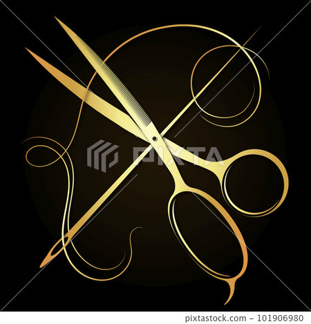 Needle thread and golden scissors symbol of cutting and sewing Needle thread and golden scissors symbol of cutting and sewing 101906980
