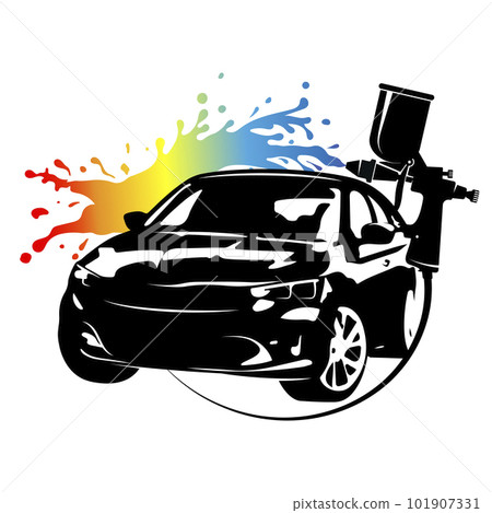Spray painting a car and colored paint blots 101907331