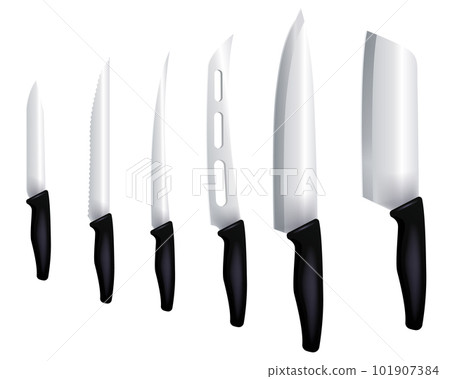 Kitchen knives hanging set isolated. meat chef cutting hatchet, cooking cutlery types. Sharp blade cooking tool for kitchen, folding combat knife, kitchenware for cutting of stainless steel Kitchen knives hanging set isolated. meat chef cutting hatchet, cooking cutlery types. Sharp blade cooking tool for kitchen, folding combat knife, kitchenware for cutting of stainless steel 101907384