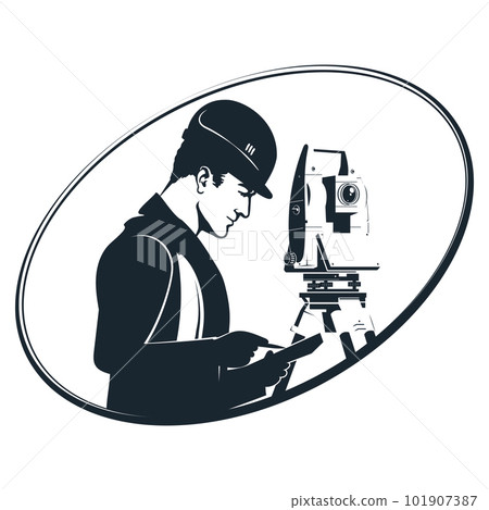 Surveyor engineer with surveying instrument symbol for business 101907387