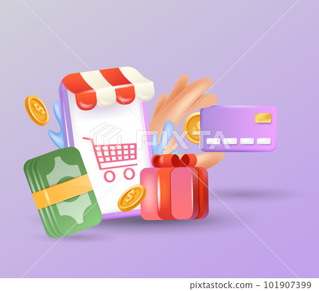 Online shopping 3D Illustration, online shop, online payment and delivery concept. Mobile marketing and digital marketing. 3D Web Vector Illustrations. 101907399