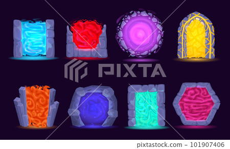 Cartoon portals. Fantasy game gate. Magic fantasy game teleports. Circle and square teleportation doors. Archway or doorway with colorful lighting auras. 101907406
