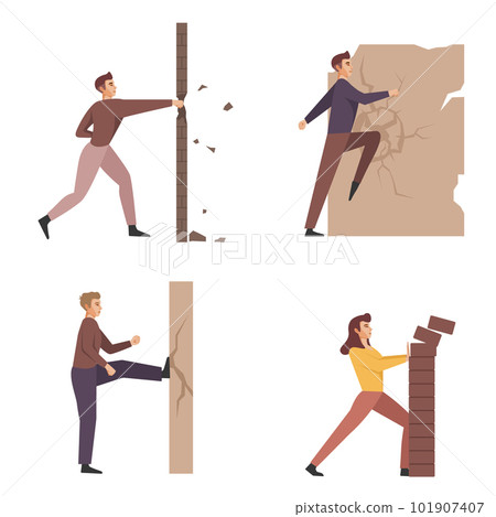Business people destroying walls. Flat employees smash obstacles in different ways, break concrete. Men and women cartoon flat style isolated, nowaday vector set Business people destroying walls. Flat employees smash obstacles in different ways, break concrete. Men and women cartoon flat style isolated, nowaday vector set 101907407