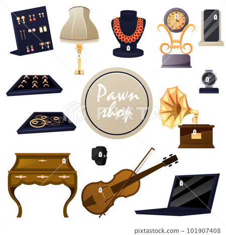 Pawn shop collection. Cartoon pawnbroker sells jewelry collection to customer, store interior. Pawnshop services. Customers Buy and Sell Precious Metals Jewels 101907408