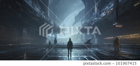 Magnificent futuristic metropolis far away in space. Magnificent futuristic metropolis far away in space. 101907415