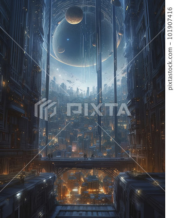 Magnificent futuristic metropolis far away in space. Magnificent futuristic metropolis far away in space. 101907416