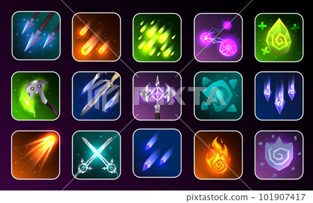 RPG game icon. Fantasy game icons of magic spells and skills. Game interface elements. Vector illustration EPS10. Skill icons RPG game icon. Fantasy game icons of magic spells and skills. Game interface elements. Vector illustration EPS10. Skill icons 101907417