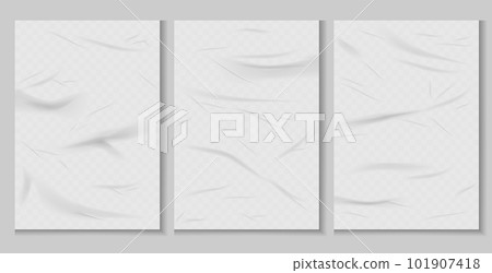 Glued paper wrinkled effect, vector realistic background. White wet paper poster template set with crumpled texture. Realistic vector posters mockup Glued paper wrinkled effect, vector realistic background. White wet paper poster template set with crumpled texture. Realistic vector posters mockup 101907418