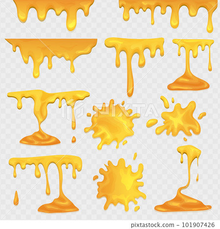 Honey flowing and dripping set. Maple syrup, caramel and sweet sugar. Realistic vector yellow sweet honey blots and splash set. Honey flowing and dripping set. Maple syrup, caramel and sweet sugar. Realistic vector yellow sweet honey blots and splash set. 101907426