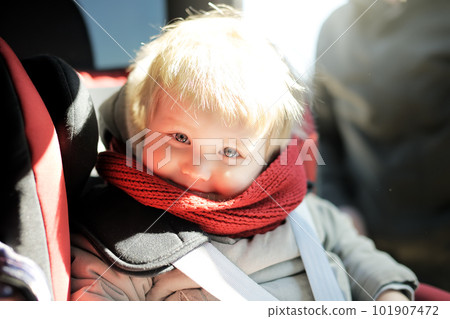 Portrait of cute toddler boy sitting in car seat. Child transportation safety 101907472