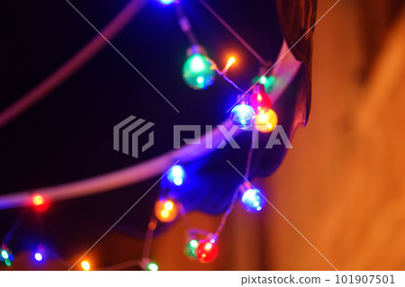 Photo of string lights hanging on tree in the garden at evening time. Fashion decoration with electric bulbs for night summer party. 101907501