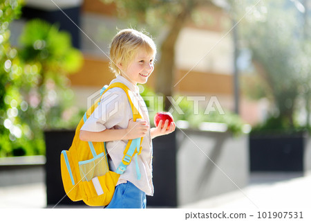 Little schoolboy joyfully goes to school after holiday. Child in a yard of schoolhouse. Quality education for children. Kids back to school 101907531