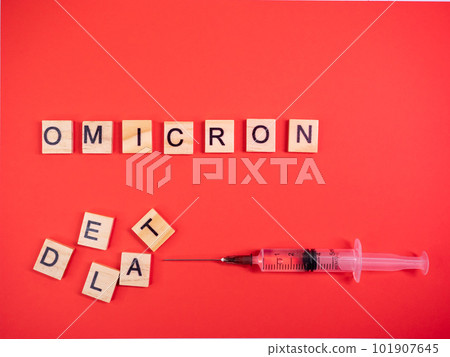 Omicron variant replaces Delta. Emergence of new dangerous strain of coronavirus COVID-19 Omicron. Syringe. Words omicron delta on colored red background Omicron variant replaces Delta. Emergence of new dangerous strain of coronavirus COVID-19 Omicron. Syringe. Words omicron delta on colored red background 101907645