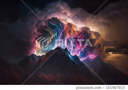 Lightning with colorful dramatic clouds. Neural network AI generated art 101907915