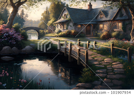 Beautiful fabulous house in a blooming fantasy garden. Neural network AI generated 101907934