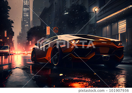 Sports car on the road against the backdrop of a modern city. Neural network AI generated art 101907936