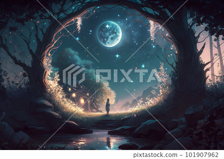 Magic fairy tale night fantasy landscape with girl silhouette. Neural network AI generated art 101907962