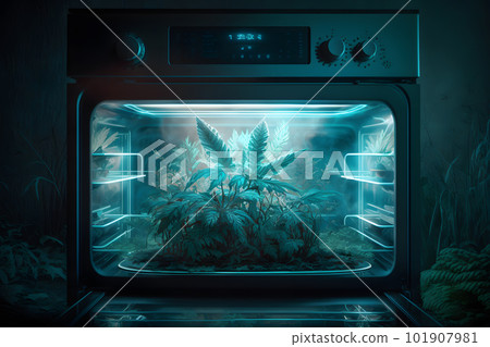 Growing marijuana cannabis leafs in open kitchen oven. Neural network AI generated art 101907981