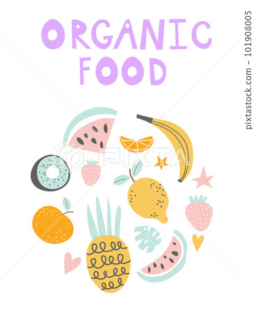 Fruit card text Organic food restaurant and support farmers market concept. Tropical Design with Exotic Fruits for Fabric, T-shirt, Posters, Covers. Vector illustration EPS 101908005