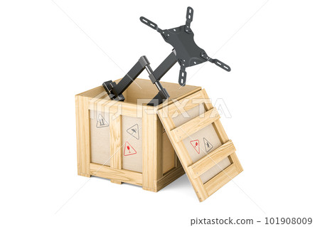 TV Monitor Wall Mount inside wooden box, delivery concept. 3D rendering 101908009
