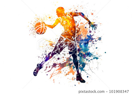 Basketball watercolor splash player in action with a ball isolated on white background. Neural network AI generated art Basketball watercolor splash player in action with a ball isolated on white background. Neural network AI generated art 101908347