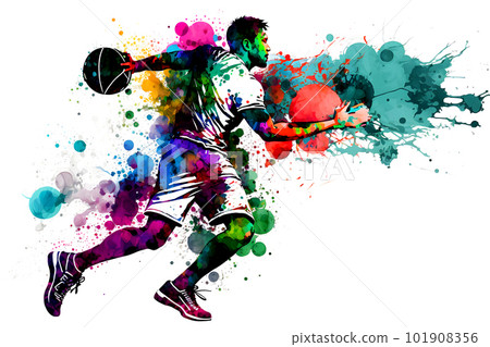 Basketball watercolor splash player in action with a ball isolated on white background. Neural network AI generated art Basketball watercolor splash player in action with a ball isolated on white background. Neural network AI generated art 101908356