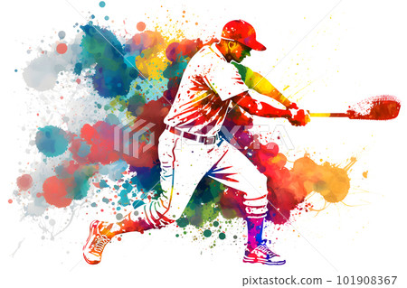 Baseball Player with multicolored paint splash, isolated on white background. Neural network AI generated art Baseball Player with multicolored paint splash, isolated on white background. Neural network AI generated art 101908367