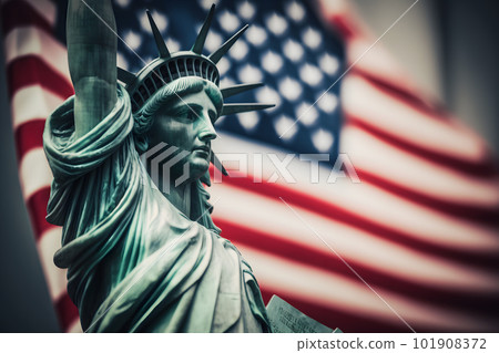 Statue of Liberty on the background of the American flag. Democracy and freedom concept. Neural network AI generated 101908372