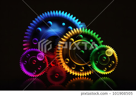 Rainbow gears on a black background multi-colored mechanism. Neural network AI generated 101908505