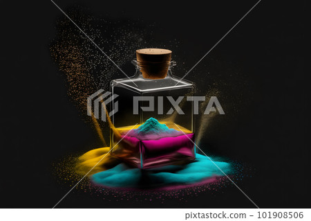 glass container with colored sand on rainbow splash background. Neural network AI generated art 101908506