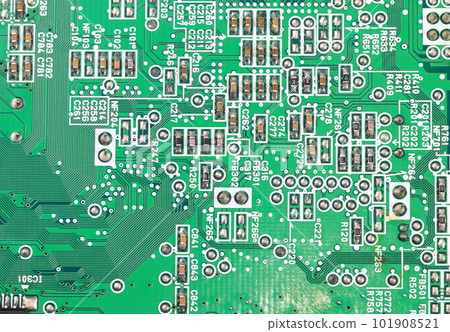 Computer printed circuit board with electronic components. Circuit board. Electronic computer hardware technology. Tech science background. Integrated communication processor. Information engineering Computer printed circuit board with electronic components. Circuit board. Electronic computer hardware technology. Tech science background. Integrated communication processor. Information engineering 101908521