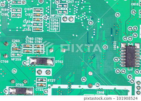 Computer printed circuit board with electronic components. Circuit board. Electronic computer hardware technology. Tech science background. Integrated communication processor. Information engineering Computer printed circuit board with electronic components. Circuit board. Electronic computer hardware technology. Tech science background. Integrated communication processor. Information engineering 101908524