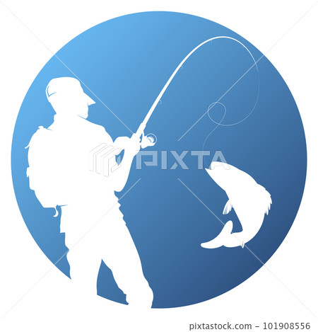 Fisherman catches fish symbol in blue circle Fisherman catches fish symbol in blue circle 101908556