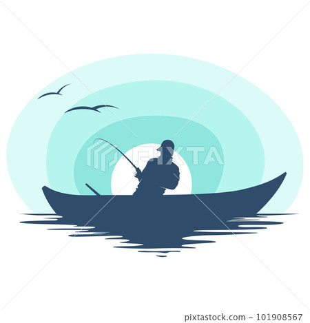 Fisherman in a boat at sunset 101908567