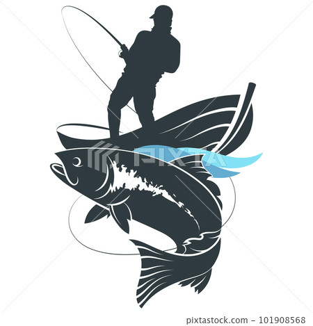 Fisherman in boat and big fish. Boat on waves and fish catch 101908568