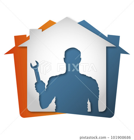 Handyman with a wrench on the background of the house 101908686